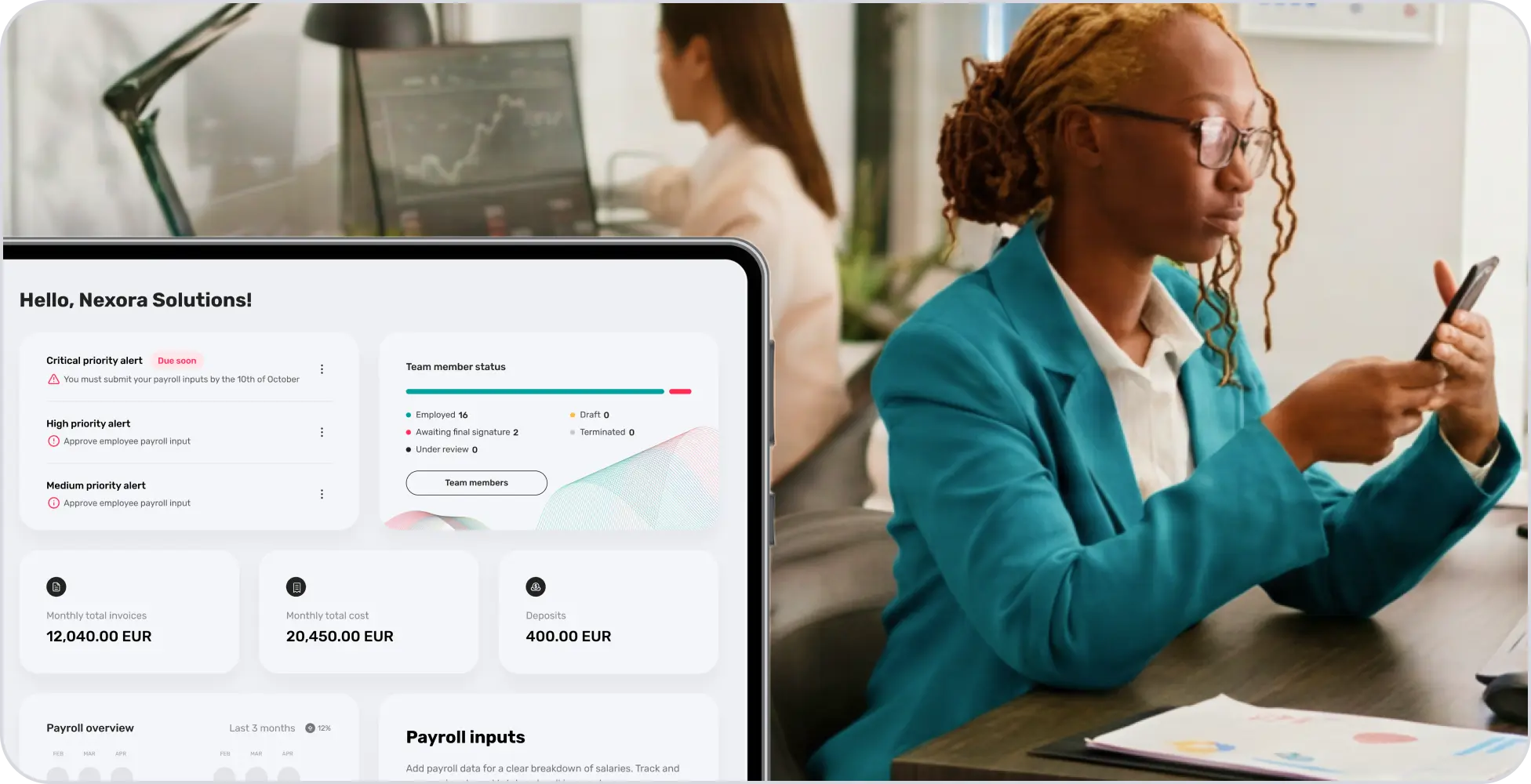 A professional reviewing payroll and compliance on a laptop while using a phone