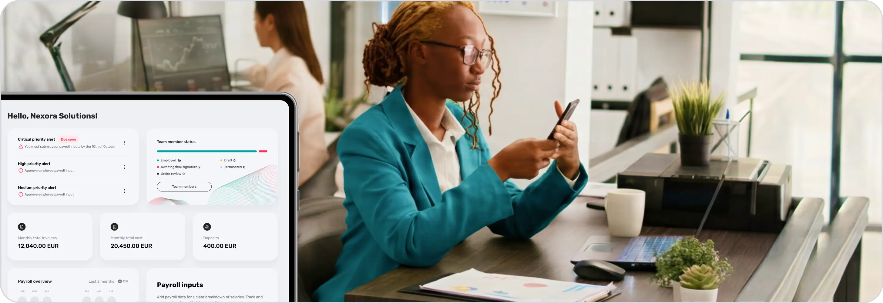 A professional reviewing payroll and compliance on a laptop while using a phone