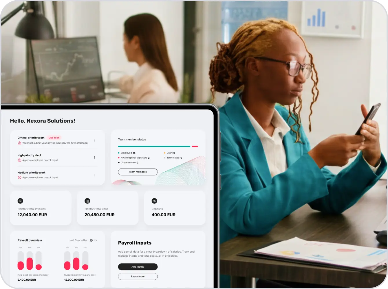 A professional reviewing payroll and compliance on a laptop while using a phone