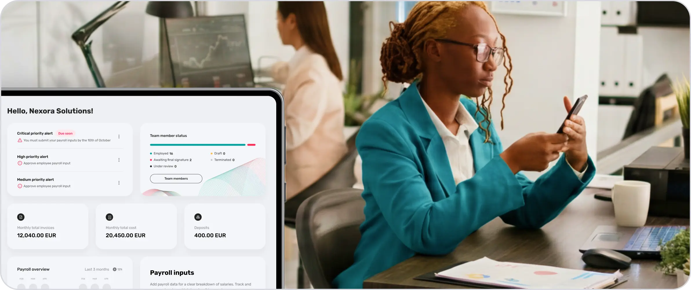 A professional reviewing payroll and compliance on a laptop while using a phone