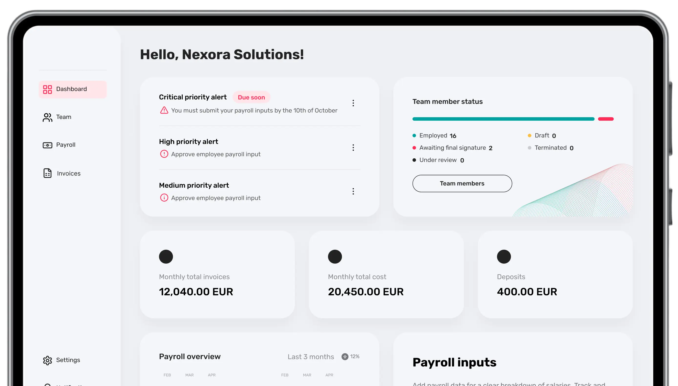 Native Teams dashboard on a tablet showing team alerts, member status, and monthly costs for global teams