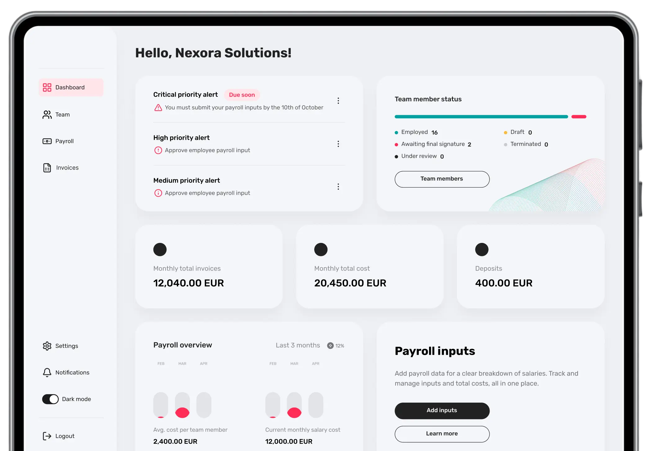Native Teams dashboard on a tablet showing team alerts, member status, and monthly costs for global teams