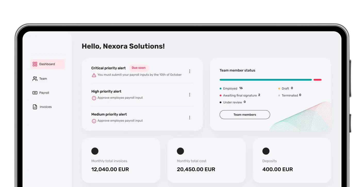 Native Teams dashboard on a tablet showing team alerts, member status, and monthly costs for global teams